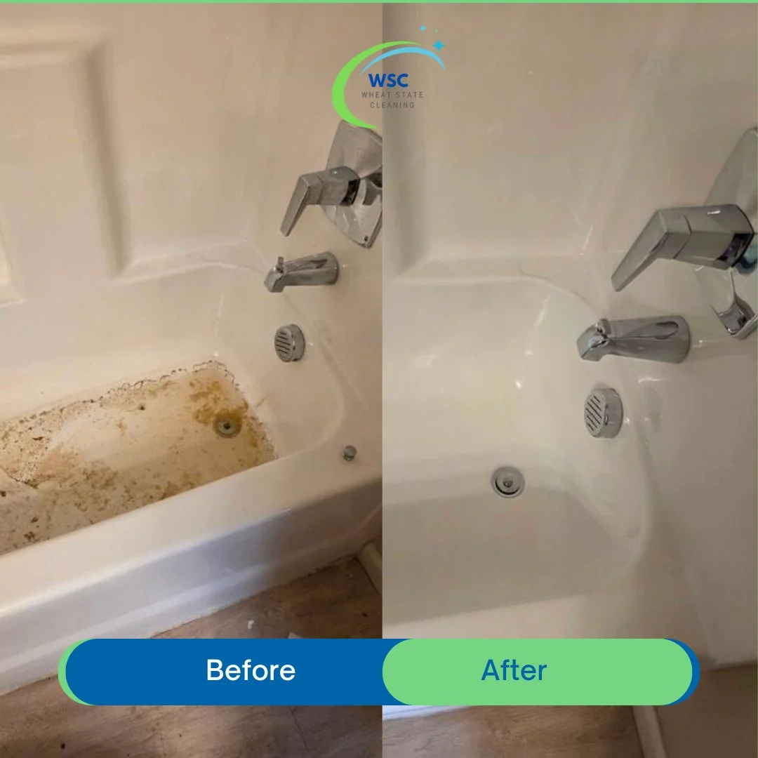 Before and after bathtub deep clean — Wheat State Cleaning Lawrence KS